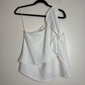 INTERMIX White One Shoulder Ruffle Asymmetrical Top Size‎ M Made in USA